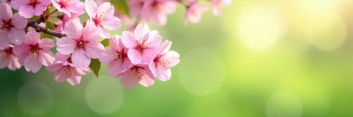 Obraz premium Delicate pink cherry blossoms against a gentle light green landscape, subtle colors, blooming
