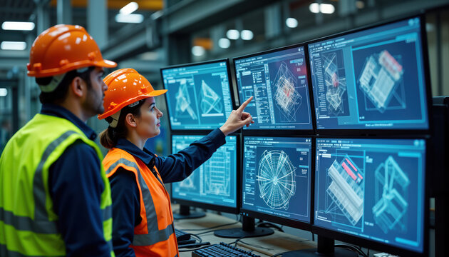 Project manager, female engineer collaborate in modern factory. Review complex industrial electronics design blueprints on multiple computer screens. Jointly find solution for problem. Modern