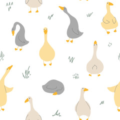 Goose Seamless Pattern. Cute Cartoon geese, Vector Illustration Background.