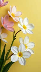 Fototapeta premium Delicate white blooms on yellow and pink petals, bloom, garden, white