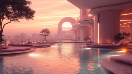Naklejka premium Futuristic rooftop pool and lounge at sunset.