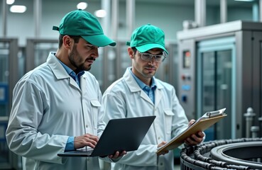 Two food techs in white lab coats, green caps inspect water drink production line in modern factory. One tech uses laptop reviews documents on clipboard. Stand near bottling equipment. Scene