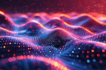 Obraz premium Big data visualization. The musical stream of sounds. Abstract background with interweaving of dots