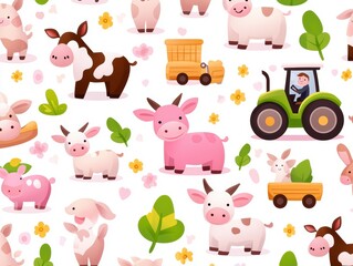 Obraz premium Seamless pattern of cute farm animals and tractors in soft pastel shades perfect for nursery or children s products