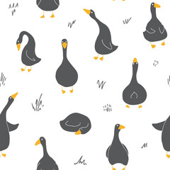 Goose Seamless Pattern. Cute Cartoon geese, Vector Illustration Background.