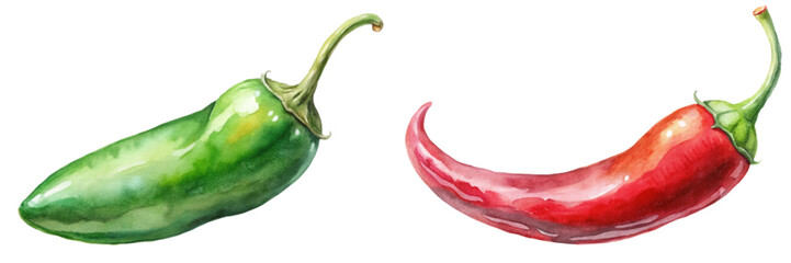 Vibrant watercolor peppers, green jalapeno, red chili, fresh vegetables, culinary art, food illustration.