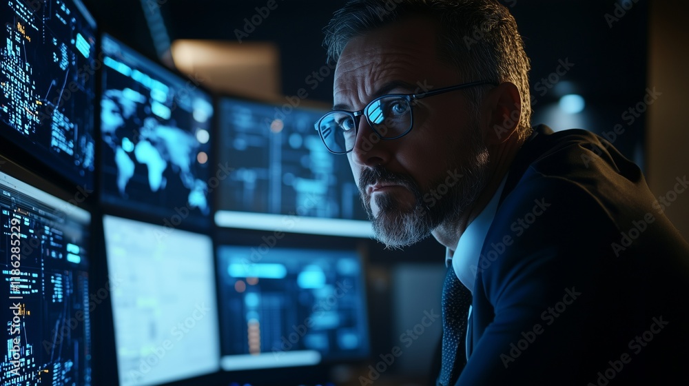 Aufkleber professional monitoring multiple screens in a cyber defense operations center.