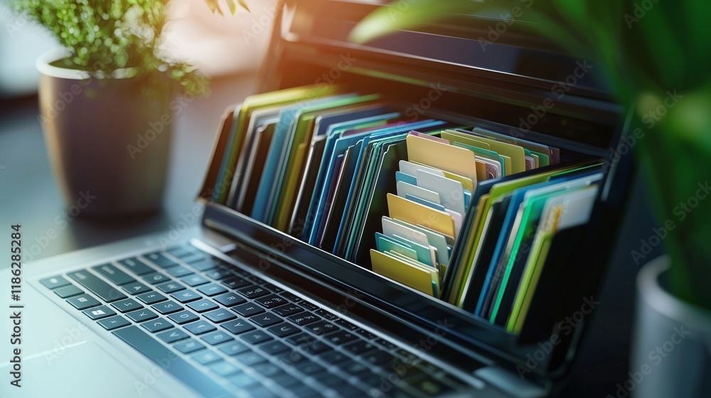 Poster digital files organized in a laptop, symbolizing efficient information retrieval.