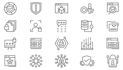 Cyber Security line icon set. Virus, fraud, malware bug, threat, theft, data phishing, hacker, password, safety, key, shield line icon set. UI thin line icon pack.