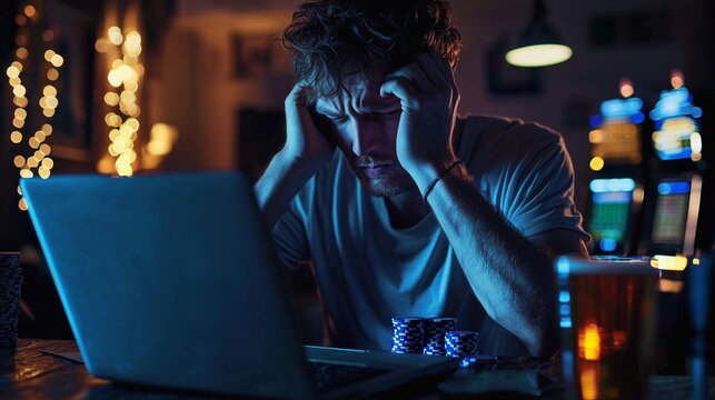 A stressed person at a laptop with poker chips and beer, symbolizing online gambling addiction. - Powered by Adobe
