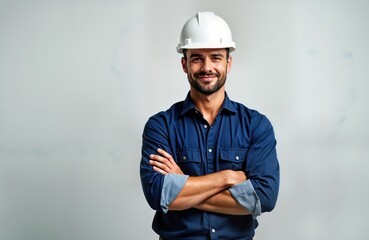 Confident man in white hardhat, navy blue shirt stands in front of white background. Pro industrial engineer architect. Arms crossed over chest. Image conveys expertise, professionalism. Image