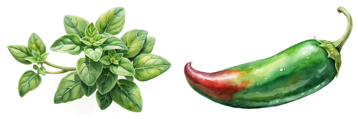 Fresh herbs illustration, vibrant green oregano leaves, colorful jalapeno pepper, watercolor style, culinary art.