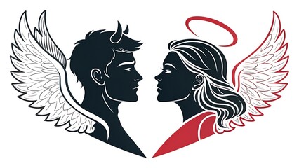 Silhouette of couple devil man and angel woman, concept of love of opposites. Love concept icons. Logo vector illustration