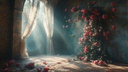 Delicate floral arch with pastel blooms on a vintage background. Perfect for weddings, maternity shoots, and event decor. Elegance and grace combined in a charming backdrop for photography.