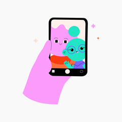 Couple selfie on smartphone symbolizing love, connection, and modern relationships, perfect for family, love, and social media themes, flat vector illustration, isolated on white.