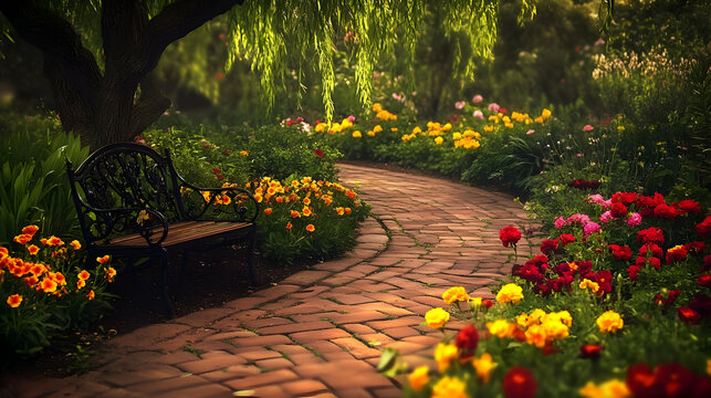 Serene Garden with Brick Path Flanked by Colorful Blooms and Tranquil Bench