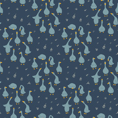 Goose Seamless Pattern. Cute Cartoon geese, Vector Illustration Background.