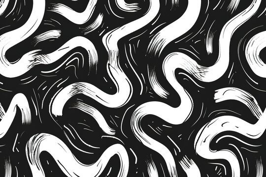 Brush curly lines seamless pattern. Pencil squiggles ornament. Scribble brush strokes vector background. Hand drawn marker scribbles, curved lines. Black pencil sketches. Squiggles and daubs.