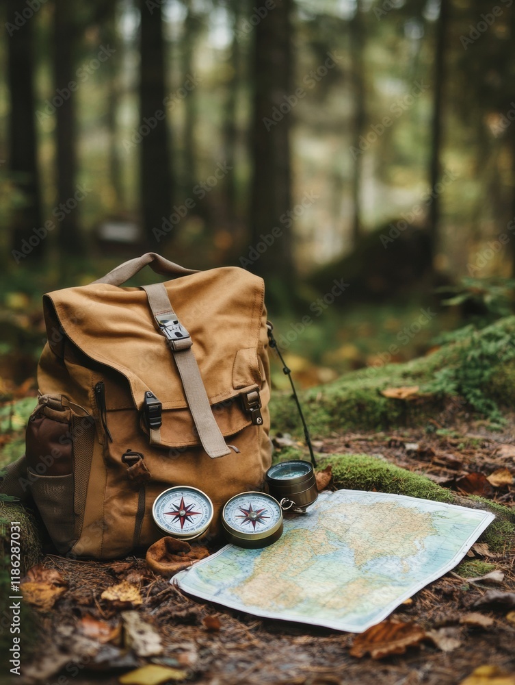 Aufkleber exploring the forest with a backpack, compass, and map on a sunny day surrounded by nature. generati