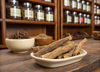 Traditional Chinese medicine shop featuring sliced codonopsis in an authentic herbal setting