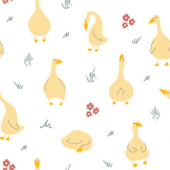 Goose Seamless Pattern. Cute Cartoon geese, Vector Illustration Background.