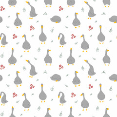 Goose Seamless Pattern. Cute Cartoon geese, Vector Illustration Background.