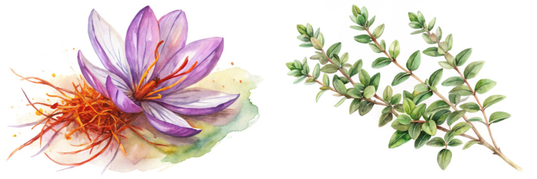 Vibrant watercolor saffron flower, aromatic thyme sprig, botanical illustration, floral art, nature-inspired design.