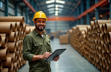 Smiling man in yellow hardhat works in warehouse. Holds tablet, checks inventory among stacks of cardboard pipes. Industrial setting. Modern tech in manufacturing. Pro worker at work. Focused on job.