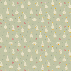 Goose Seamless Pattern. Cute Cartoon geese, Vector Illustration Background.