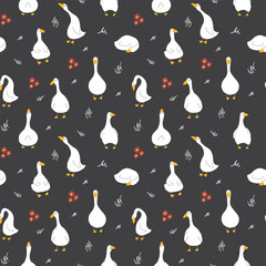 Goose Seamless Pattern. Cute Cartoon geese, Vector Illustration Background.
