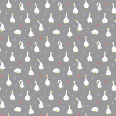 Goose Seamless Pattern. Cute Cartoon geese, Vector Illustration Background.