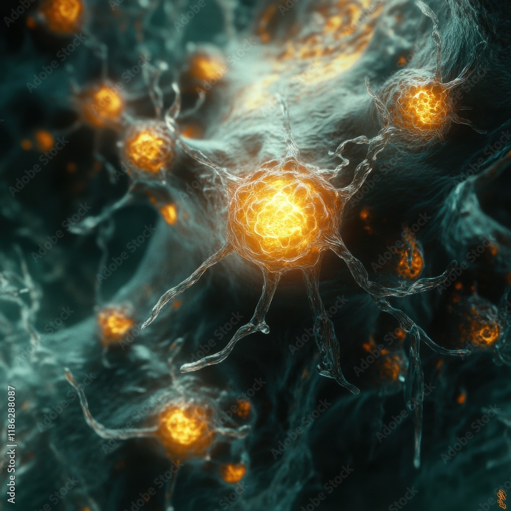 Poster Glowing edges of cancer cells highlighted in a close up observation of cellular structures and functions. Generative AI