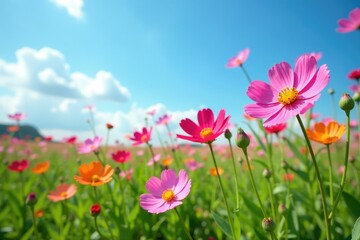 Obraz premium Field of black cumin sativa flowers in full bloom against a blue sky, nature, sativa, wildflowers