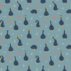 Goose Seamless Pattern. Cute Cartoon geese, Vector Illustration Background.
