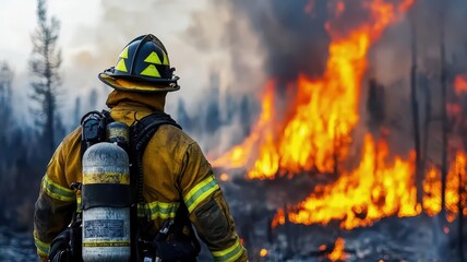 Fototapeta premium Wildfires burning restoration concept. A firefighter stands resiliently against a backdrop of raging wildfires, showcasing bravery and the struggle against nature's fury.