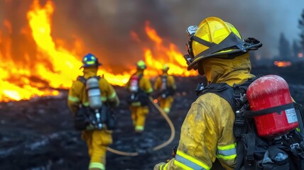 Wildfires burning restoration concept. A group of firefighters battles a raging wildfire, wearing protective gear and working together to control the flames.