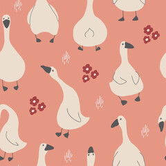 Goose Seamless Pattern. Cute Cartoon geese, Vector Illustration Background.