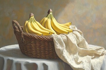 A Beautiful Still Life Composition Featuring Ripe Yellow Bananas in a Rustic Woven Basket on a Soft Textile Against a Warm, Subtle Background