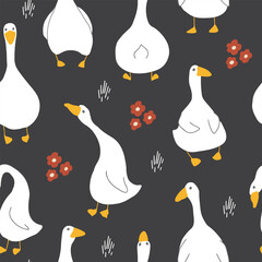 Goose Seamless Pattern. Cute Cartoon geese, Vector Illustration Background.