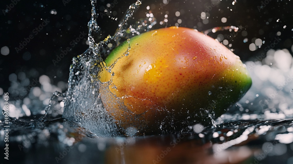 Poster a mango splashes into water, creating dynamic droplets and a vibrant scene.
