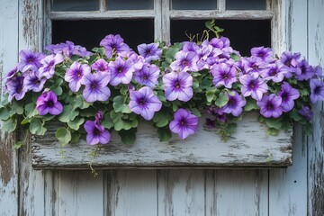 Fototapeta premium charming vintage window box overflowing with cascading purple vinca vines against weathered wooden siding creating romantic cottage garden atmosphere