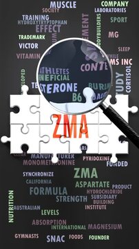 Zma under magnifying glass, being researched, studied and examined. Most important subjects and ideas closely related to zma written around a puzzle to symbolize complexity of zma.