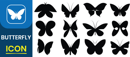 Obraz premium Butterfly silhouette vector icon set. Vintage butterfly wing contours closeup design element, tattoo, symbol of free flying insect in nature. Insect set isolated vector illustration.