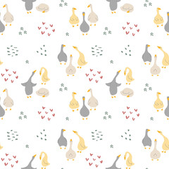 Goose Seamless Pattern. Cute Cartoon geese, Vector Illustration Background.