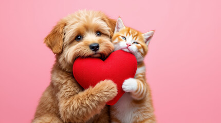 Dog and Cat Holding a Heart as a Symbol of Friendship