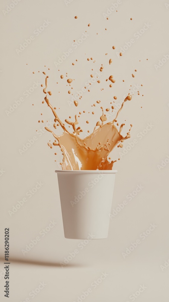 Aufkleber Disposable paper cup floats in mid air with coffee splashing out of it against a beige backdrop, creating a dynamic and eye catching visual