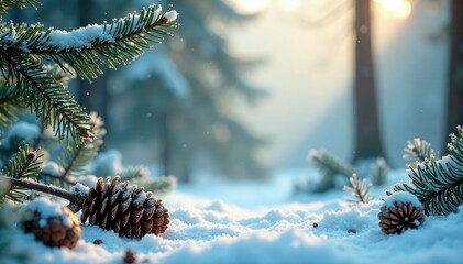 Frosty ultrawide background with fir branches and pinecones, rustic charm, forest ambiance, peaceful landscape