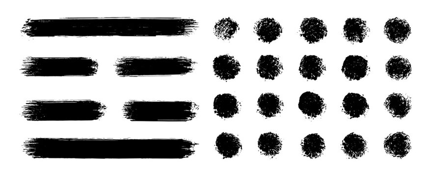 Brush line set. Vector abstract black ink grungy straight lines, circles, borders and frames. Textured paint strokes. Vintage clean accurate round brushstrokes pattern.  Hand drawn stamps background