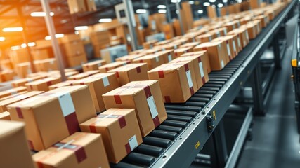 Fototapeta premium Parcels Merging on Conveyors - Time Lapse, AI Photo, Industrial Logistics, High-Speed Conveyor, 