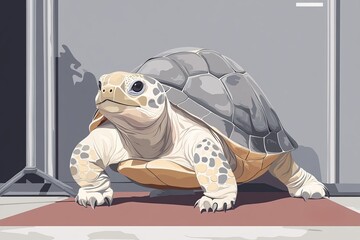 A stylized turtle stands on a red mat, showcasing its unique shell patterns and a blend of gray and beige colors against a minimalistic backdrop.